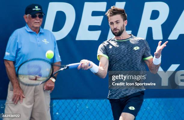 Tim Smyczek defeats Vasek Pospisil during the Qualifying Round of the ATP Delray Beach Open on February 19, 2017 in Delray Beach, Florida.