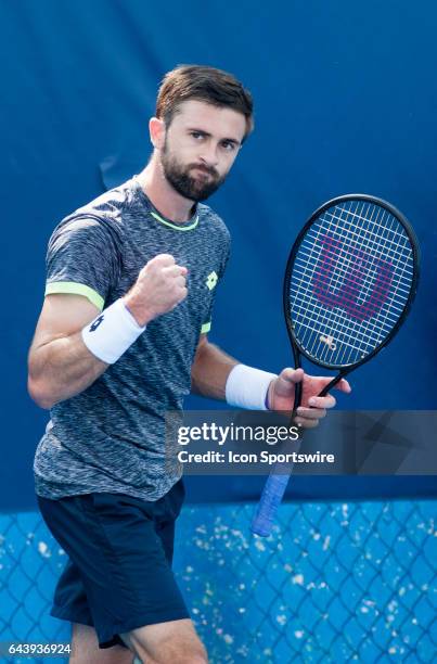 Tim Smyczek defeats Vasek Pospisil during the Qualifying Round of the ATP Delray Beach Open on February 19, 2017 in Delray Beach, Florida.