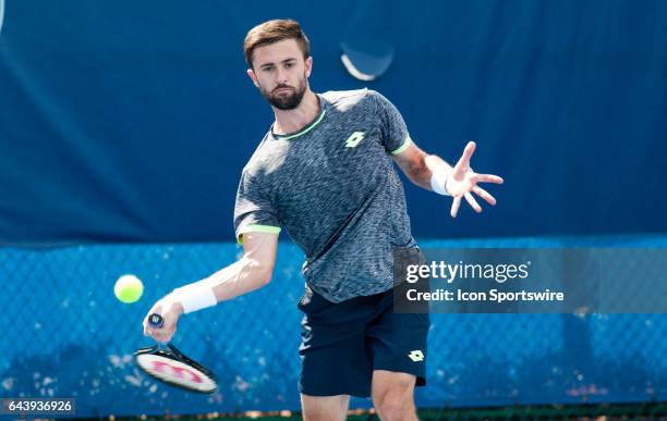 Tim Smyczek defeats Vasek Pospisil during the Qualifying Round of the ATP Delray Beach Open on February 19, 2017 in Delray Beach, Florida.