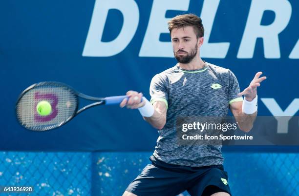 Tim Smyczek defeats Vasek Pospisil during the Qualifying Round of the ATP Delray Beach Open on February 19, 2017 in Delray Beach, Florida.