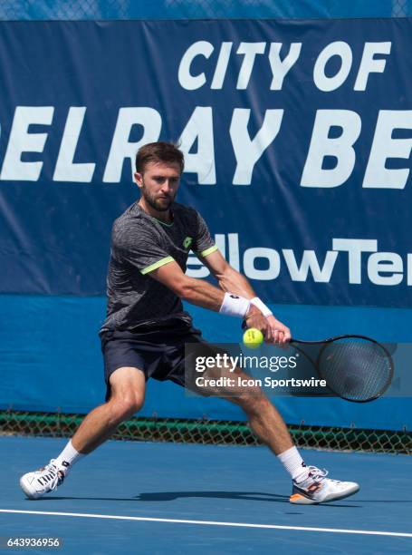 Tim Smyczek defeats Vasek Pospisil during the Qualifying Round of the ATP Delray Beach Open on February 19, 2017 in Delray Beach, Florida.