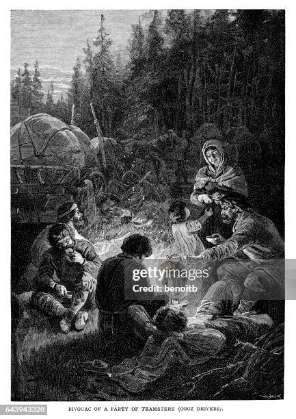 bivouac of a party of teamsters - campfire art stock illustrations