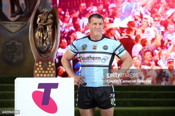 Premiership winning Sharks captain Paul Gallen is introduced during the 2017 NRL Season Launch at Martin Place on February 23, 2017 in Sydney,...