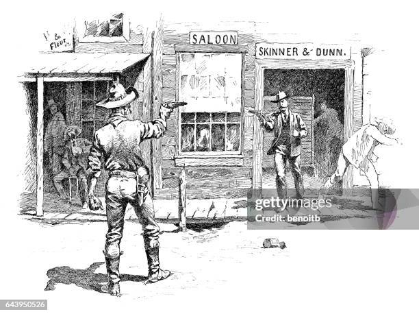 ilustraciones, imágenes clip art, dibujos animados e iconos de stock de confrontación de vaqueros - confrontación