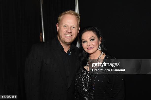 Jamie Dailey of Dailey and Vincent with Crystal Gayle backstage during CRS 2017 Day 1 on February 22, 2017 in Nashville, Tennessee.