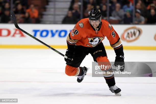 Nicolas Kerdiles of the Anaheim Ducks skates up ice during the first period of a game against the Boston Bruins at Honda Center on February 22, 2017...