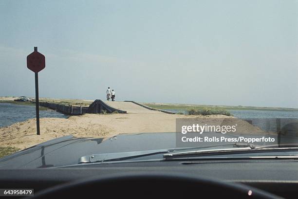 9th August 1969 view from the driver's seat of a car as it approaches Dike Bridge on Chappaquiddick Island, near Edgartown, Massachusetts, the same...