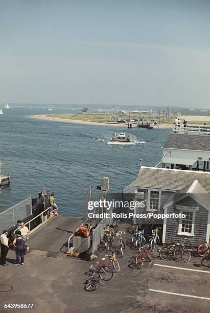 August 1969 view of the ferry crossing and ferry that connects the town of Edgartown to Chappaquiddick Island in Massachusetts, United States, the...