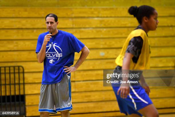 Grandview high school girls basketball head coach Josh Ulitzky watching drills during practice in the high school gym. February 22, 2017 Aurora, CO.