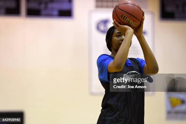 Grandview high school's Alisha Davis at the foul line during practice at the schools gym. February 22, 2017 Aurora, CO.