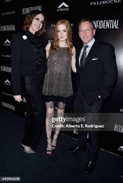 Alison Miller, group publisher, L.A. Confidential, actress Ellie Bamber and Spencer Beck, Editor-in-Chief, L.A. Confidential attend Los Angeles...