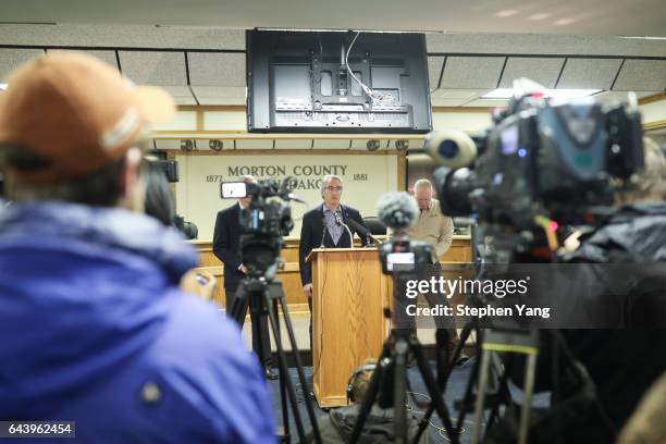 North Dakota Governor Doug Burgum holds a press conference announcing plans for the clean up of the Oceti Sakowin protest camp on February 22, 2017...