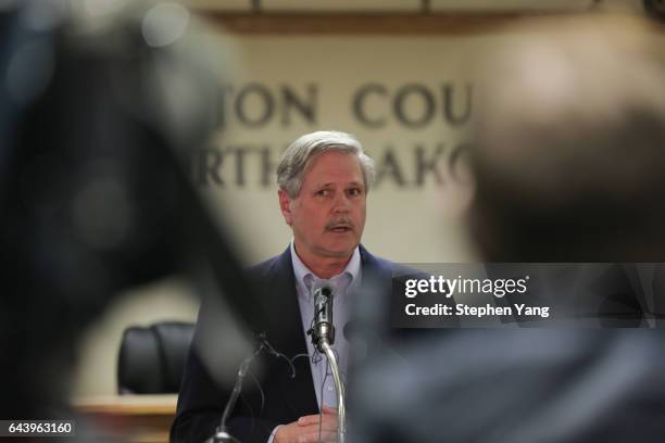 Senator John Hoeven of North Dakota speaks during a press conference announcing plans for the clean up of the Oceti Sakowin protest camp on February...