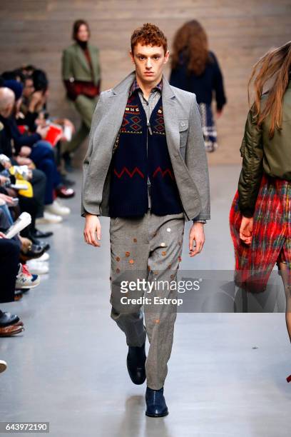 Model walks the runway at the Wunderkind designed by Wolfgang Joop show during Milan Fashion Week Fall/Winter 2017/18 on February 22, 2017 in Milan,...