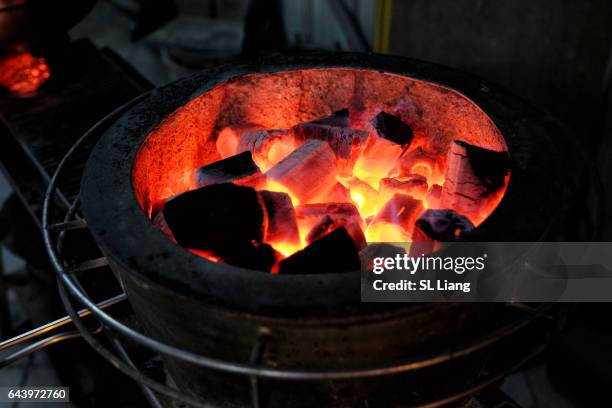 mongolian hotpot, people using charcoal fire to heat it up - brasero photos et images de collection