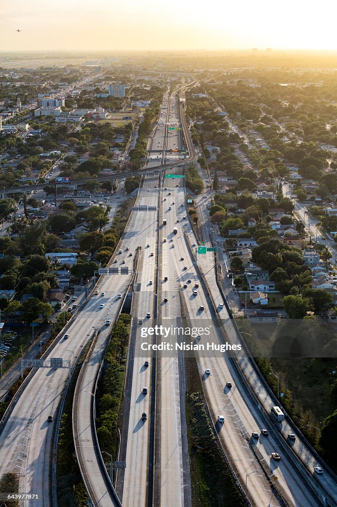 Aerial of expressway end of day Miami FL