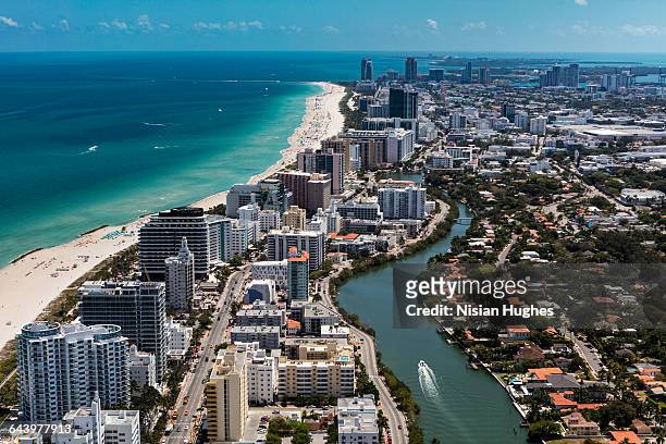 aerial view of south beach miami florida cityscape - business south america stock-fotos und bilder