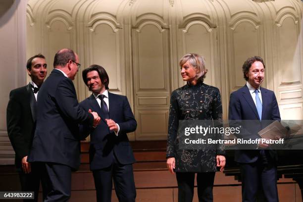 Pianist Miroslav Kultyshev, Prince Albert II de Monaco, cellist Gautier Capucon, pianist Helene Mercier and Stephane Bern attend the celebration of...