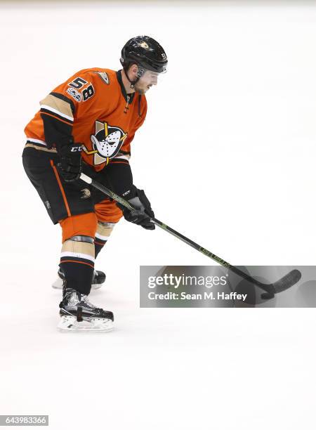 Nicolas Kerdiles of the Anaheim Ducks skates prior to a game against the Boston Bruins at Honda Center on February 22, 2017 in Anaheim, California.