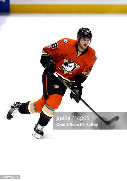 Nicolas Kerdiles of the Anaheim Ducks skates prior to a game against the Boston Bruins at Honda Center on February 22, 2017 in Anaheim, California.