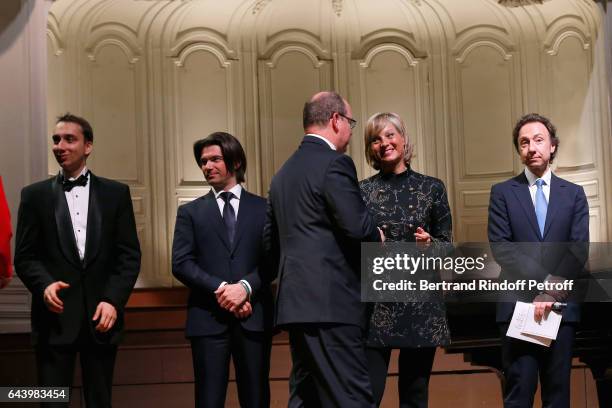 Pianist Miroslav Kultyshev, cellist Gautier Capucon, Prince Albert II de Monaco, pianist Helene Mercier and Stephane Bern attend the celebration of...