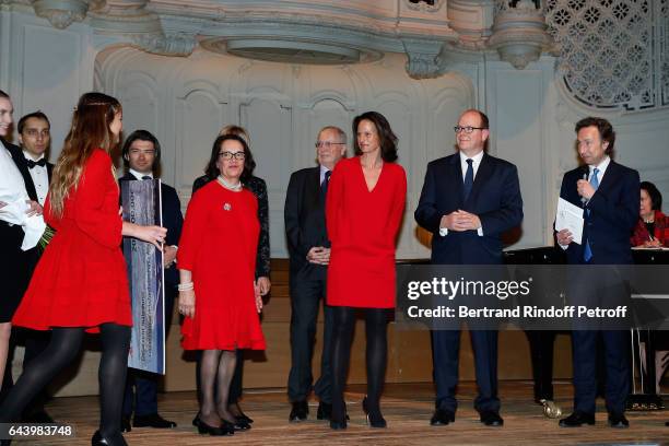 Anabelle Jaeger, Owner of the Salle Gaveau, Chantal Fournier, Prince Albert II de Monaco and Stephane Bern attend the celebration of the 10th...