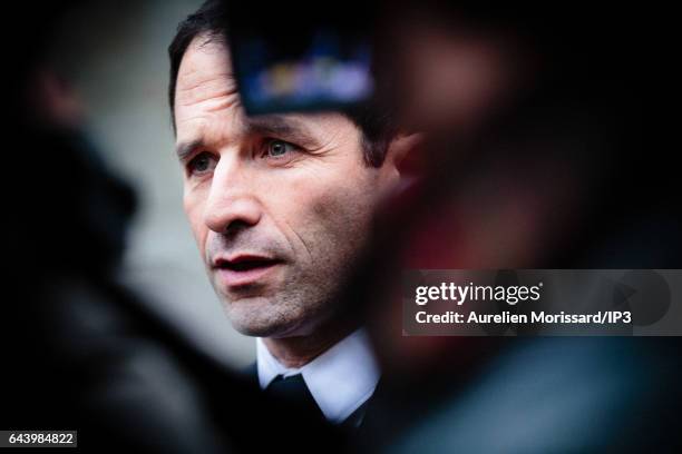 Candidate of the Socialist Party for the 2017 French Presidential Election Benoit Hamon is visiting the Shoah Memorial on February 21, 2017 in Paris,...