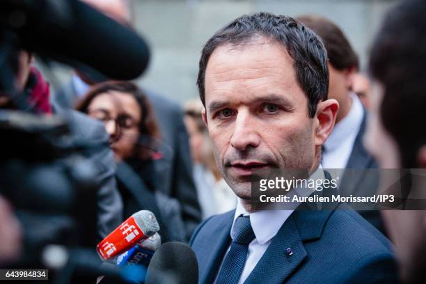 Candidate of the Socialist Party for the 2017 French Presidential Election Benoit Hamon speaks to the media during his visit of the Shoah Memorial on...