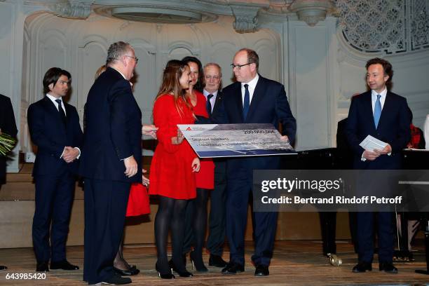 Owner of the Salle Gaveau, Jean-Marie Fournier, Anabelle Jaeger, Prince Albert II de Monaco and Stephane Bern attend the celebration of the 10th...