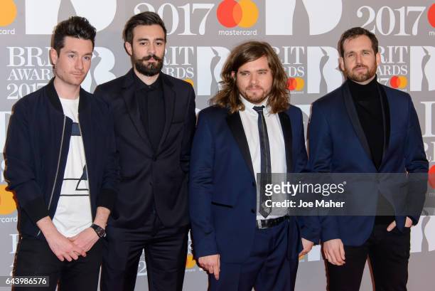 Dan Smith, Chris Wood, Kyle Simmons and Will Farquarson of Bastille attend The BRIT Awards 2017 at The O2 Arena on February 22, 2017 in London,...