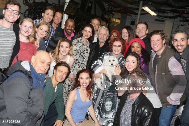 Catherine Zeta-Jones, Glenn Close and Michael Douglas pose with the cast backstage at the hit musical "Sunset Boulevard" on Broadway at The Palace...