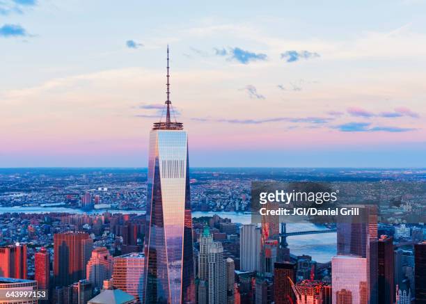 aerial view of new york cityscape, new york, united states - one world trade center stock-fotos und bilder