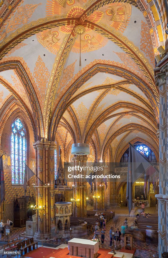 Ornate roof in Mathias Church, Budapest, Hungary