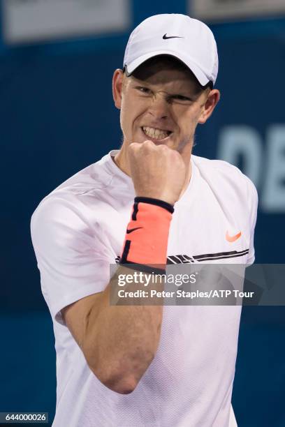 Kyle Edmund of United Kingdom in winning action against Yen-Hsun Lu of Taiwan at the Delray Beach Open on February 22, 2017 in Delray Beach, USA.