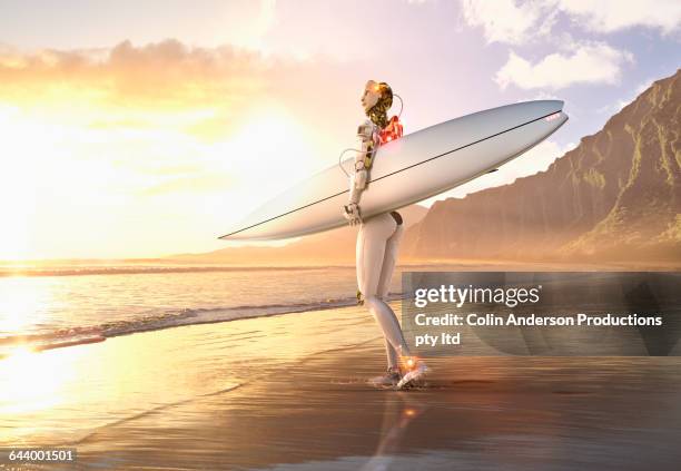 stockillustraties, clipart, cartoons en iconen met android carrying surfboard on beach - honolulu