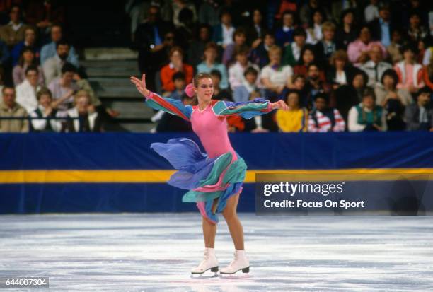 Figure Skater Katarina Witt of East Germany competes in a figure skating competition circa 1987.