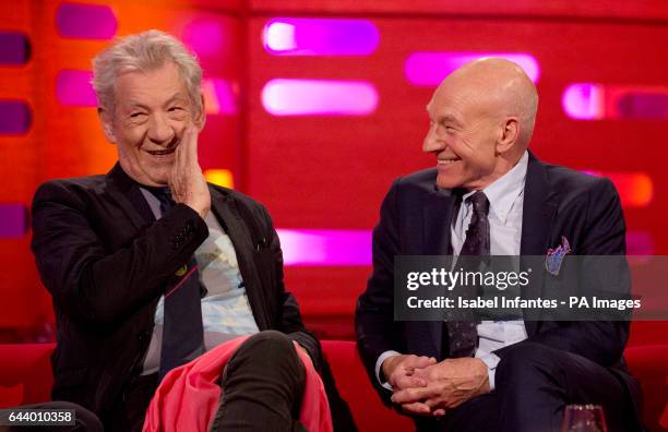 Sir Ian McKellen and Patrick Stewart during filming of the Graham Norton Show at The London Studios.