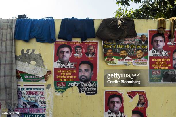 Campaign posters featuring images Akhilesh Yadav, chief minister of the state of Uttar Pradesh and president of the Samajwadi Party , are displayed...