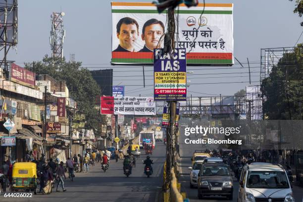 State election campaign billboard for the joint campaign of the Samajwadi Party and the Indian National Congress party featuring images of Akhilesh...