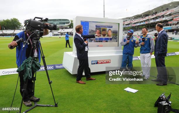 Ian Ward and Nasser Hussain of Sky Sports Cricket and Yasir Shah and Mushtaq Armed of Pakistan during their coverage of day two of the 1st Investec...