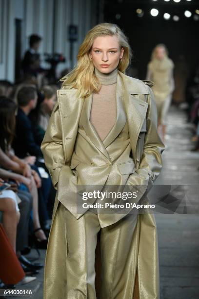 Frederikke Sofie Falbe-Hansen walks the runway at the Max Mara show during Milan Fashion Week Fall/Winter 2017/18 on February 23, 2017 in Milan,...