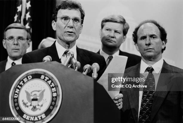Sen. Tom Daschle, D-S.D., Sen. Byron Dorgan, D-N.D. And Sen. Paul Wellstone, DFL-Minn. At Senator Democratic press conference shortly before their...