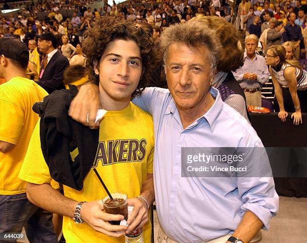 Actor Dustin Hoffman and son, Max attend Game 1 of the NBA Finals between the Los Angeles Lakers and the New Jersey Nets June 5, 2002 at Staples...