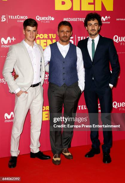 Actor Miguel Bernardeau Duato, Luis Mottola and Miki Esparbe attend the 'Es por tu bien' premiere at Capitol cinema on February 22, 2017 in Madrid,...