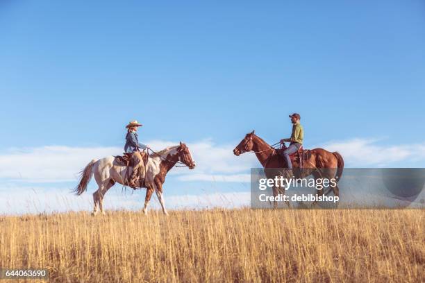 two people on horseback riding toward each other - calça de couro de cowboy imagens e fotografias de stock
