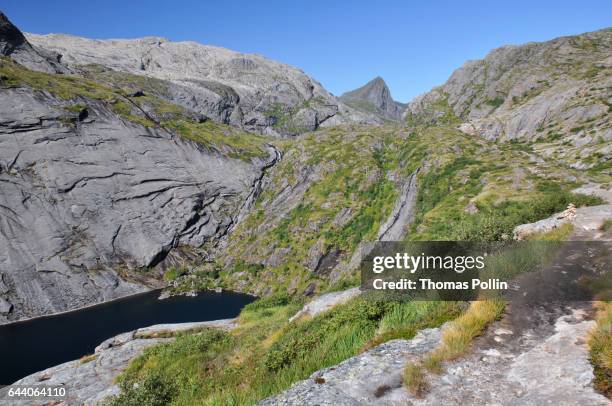 rocky moutains waterfall and lake - ciel sans nuage stockfoto's en -beelden