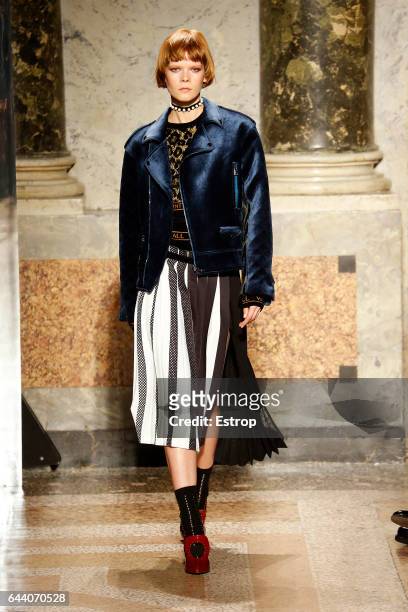 Model walks the runway at the Angelo Marani show during Milan Fashion Week Fall/Winter 2017/18 on February 22, 2017 in Milan, Italy.