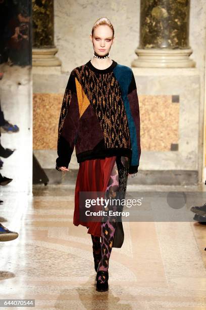 Model walks the runway at the Angelo Marani show during Milan Fashion Week Fall/Winter 2017/18 on February 22, 2017 in Milan, Italy.