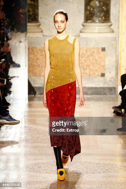 Model walks the runway at the Angelo Marani show during Milan Fashion Week Fall/Winter 2017/18 on February 22, 2017 in Milan, Italy.