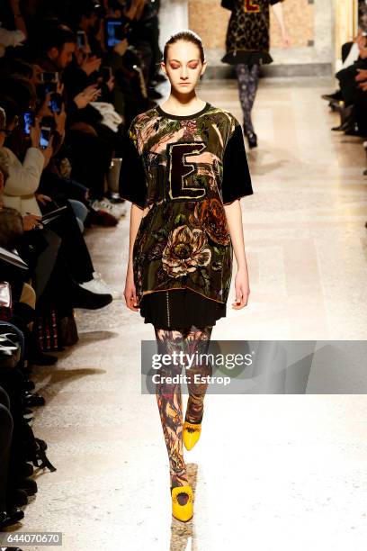 Model walks the runway at the Angelo Marani show during Milan Fashion Week Fall/Winter 2017/18 on February 22, 2017 in Milan, Italy.